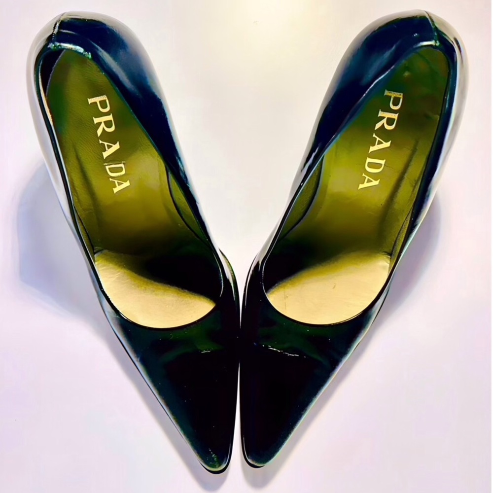 Prada Black Leather Pointed Stacked Heels Size USA 6 EU 36